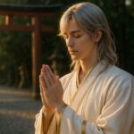 静かな神社の参道で若い男性が手を合わせて祈っている情景。朝のやわらかな光が髪に触れ、空気に澄んだ温度が宿る。落ち着いた姿勢と背筋の伸びた立ち姿が、内面の決意と静かな願いをそっと伝える構図。 A young man stands before a shrine, hands gently joined in prayer. Soft morning light touches his hair as the quiet atmosphere reflects calm resolve and sincerity.