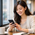カフェの窓際で、女性がスマホを手に情報を調べながら微笑んでいる横長ポートレート写真。テーブルにコーヒーカップとノートがあり、やわらかな昼光が頬を照らす。 A landscape portrait of a woman by a cafe window, smiling while browsing information on her smartphone, with a coffee cup and notebook on the table in soft daylight.