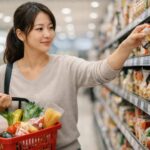 スーパーの通路で、女性が棚の商品を手に取りながら、食材や日用品が入った赤い買い物かごを抱えて買い物している横長ポートレート写真。 A landscape portrait of a woman shopping in a supermarket aisle, reaching for an item on the shelf while holding a red basket filled with assorted groceries.