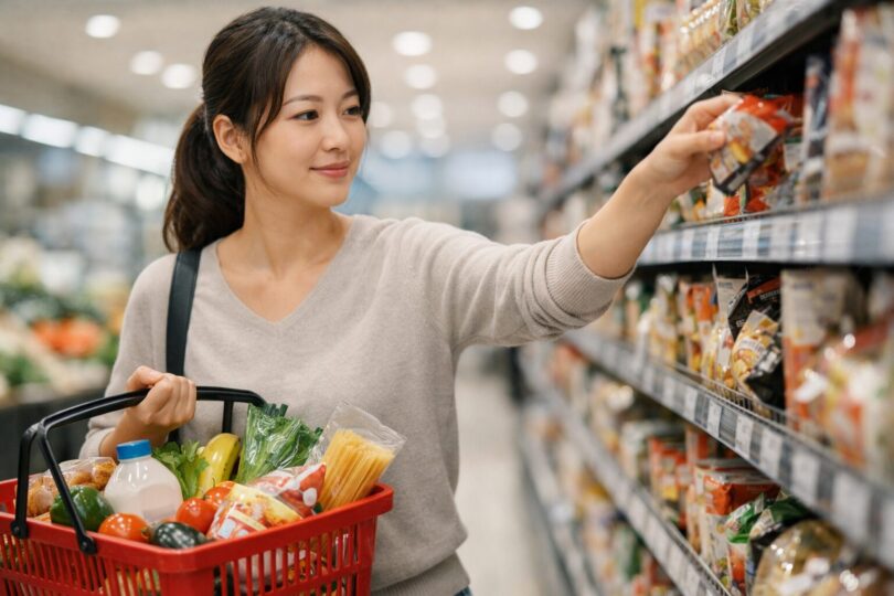 スーパーの通路で、女性が棚の商品を手に取りながら、食材や日用品が入った赤い買い物かごを抱えて買い物している横長ポートレート写真。 A landscape portrait of a woman shopping in a supermarket aisle, reaching for an item on the shelf while holding a red basket filled with assorted groceries.