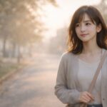朝の静かな並木道を散歩する20代の女性が、ベージュのカーディガンとショルダーバッグ姿で柔らかく微笑んでいる。柔らかな朝日と淡いボケが、心と身体の状態を整える穏やかな時間を表現している。 / A young woman in her twenties takes a calm morning walk along a quiet tree-lined street, wearing a beige cardigan and a small crossbody bag, softly smiling in the warm golden sunrise that represents a peaceful moment to reset her state.