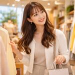 明るいライフスタイルショップで、ベージュ系の服装の女性が笑顔で服を選び、ショッピングバッグを手にしている横長ポートレート。 A horizontal portrait of a smiling woman shopping in a bright lifestyle boutique, browsing clothes while holding a shopping bag.