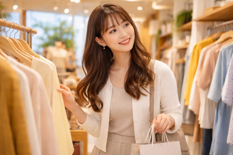 明るいライフスタイルショップで、ベージュ系の服装の女性が笑顔で服を選び、ショッピングバッグを手にしている横長ポートレート。 A horizontal portrait of a smiling woman shopping in a bright lifestyle boutique, browsing clothes while holding a shopping bag.