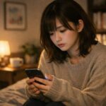 同じタイプの相手ばかり選んで失敗してきたことを思い出しながら、ベッドの端に座って肩を落とし、スマホを見つめている若い日本人女性の横長ポートレート。部屋の柔らかい灯りの中で、自分の恋愛パターンと向き合ってしゅんとしている雰囲気。 / A wide horizontal portrait of a young Japanese woman sitting on the edge of her bed, shoulders slightly slumped as she looks down at her phone in soft room lighting, quietly facing the fact that she keeps choosing the same type of partner and getting hurt.