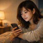 運のいい恋愛を引き寄せるために自分の機嫌を穏やかに整えている、落ち着いた表情の若い日本人女性の横長ポートレート写真 A horizontal portrait of a calm young Japanese woman gently managing her own mood, sitting in soft indoor light as a visual for attracting healthier, luckier relationships