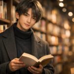 本屋の棚の前で、恋愛や人間関係の本を静かに選ぶ若い男性。相手を責めるのではなく、自分の考え方やコミュニケーションを見直そうとしている雰囲気のポートレート。 / A young Japanese man standing in front of bookstore shelves, thoughtfully choosing a book about relationships and communication, showing a mindset of taking responsibility instead of blaming others.