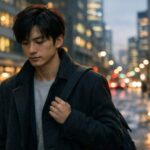 失恋から少しずつ立ち直っている若い男性が、夕方のビル街を一人で歩きながら前を向いている横長ポートレート。静かな表情とコートの裾の揺れが、まだ痛みを抱えつつも前進しようとする決意を伝える。 A horizontal portrait of a young East Asian man walking alone through a downtown street at dusk, hands in his coat pockets and a calm, thoughtful expression that shows he is still hurting from heartbreak but choosing to move forward.