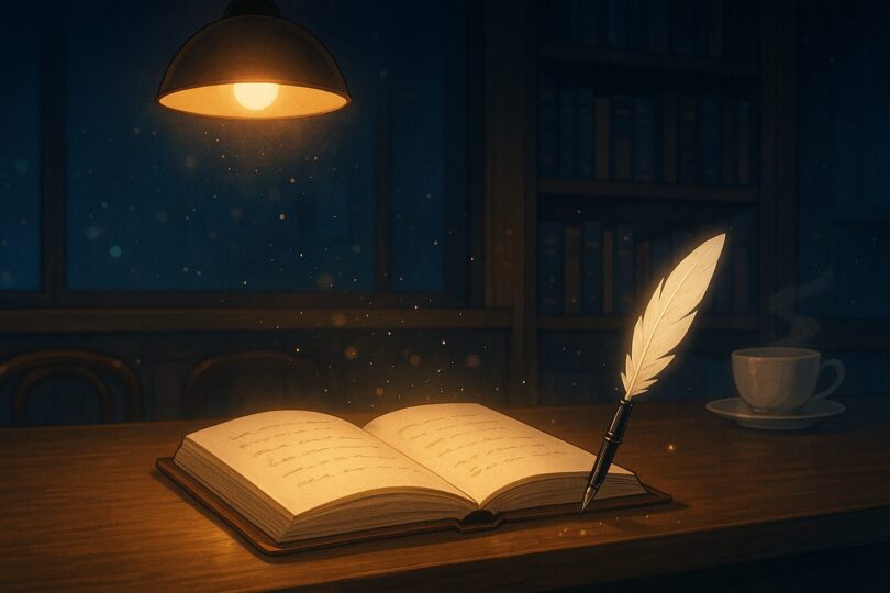 夜の喫茶店カウンターに開かれたノートと羽ペン。ページには構文が淡く光り、静かな問いの始まりを象徴する一枚。