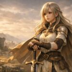 夕暮れの遺跡に立つ勇者ミリア。剣に手を添え、静かな決意の表情で前方を見つめる。逃げることも戻ることも知る、レジリエンスを象徴するファンタジーイラスト。 Miria, a calm heroic warrior, stands among ancient ruins at sunset, hands resting on her sword. Her quiet, resolute gaze symbolizes resilience, retreat, and the strength to return.